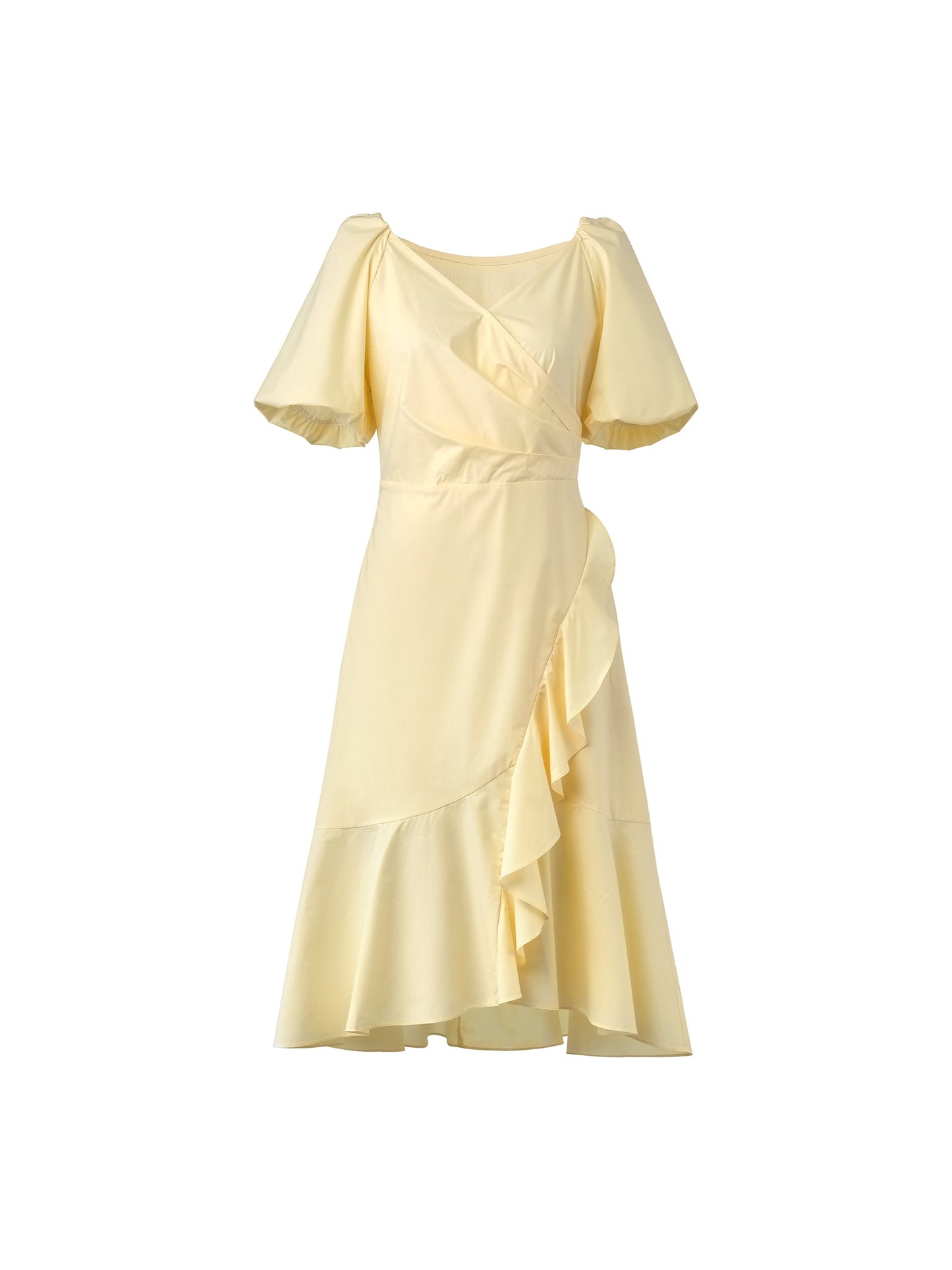 100% Cotton Ruffle Puff Sleeve Women Wrap Midi Dress