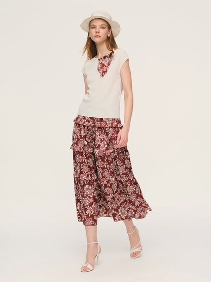 Cap Sleeve Knit Top And Marigold Floral Print Tiered Skirt Two-Piece Set With Silky Scarf