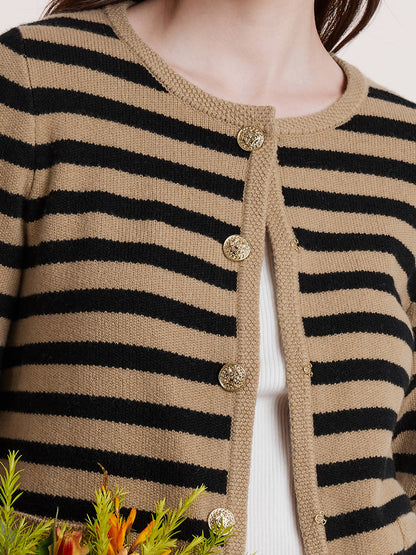 Button Up Woolen Striped Lady Cardigan