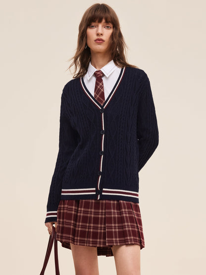 Wool Blend Contrast Trim Women Cardigan