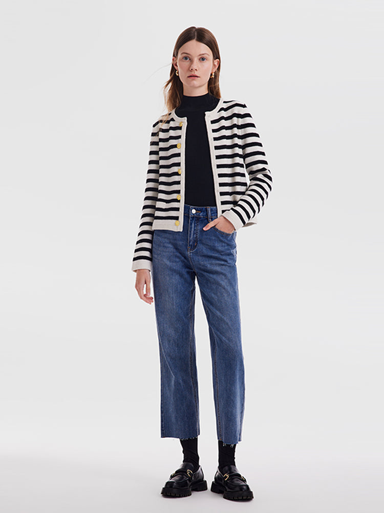 Button Up Woolen Striped Lady Cardigan