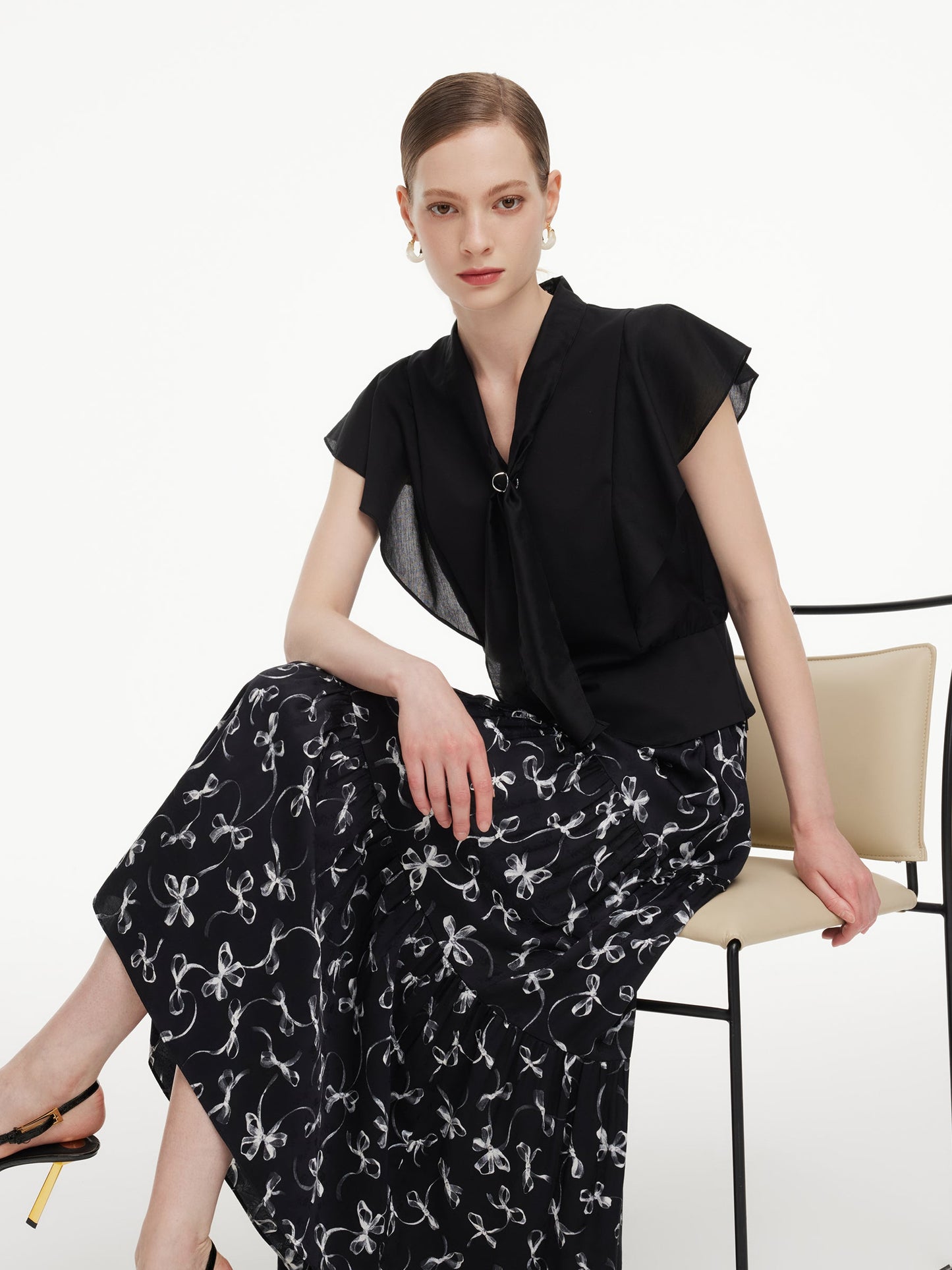 Lyocell Blend Ruffle Sleeve Women Blouse With Detachable Scarf Buckle