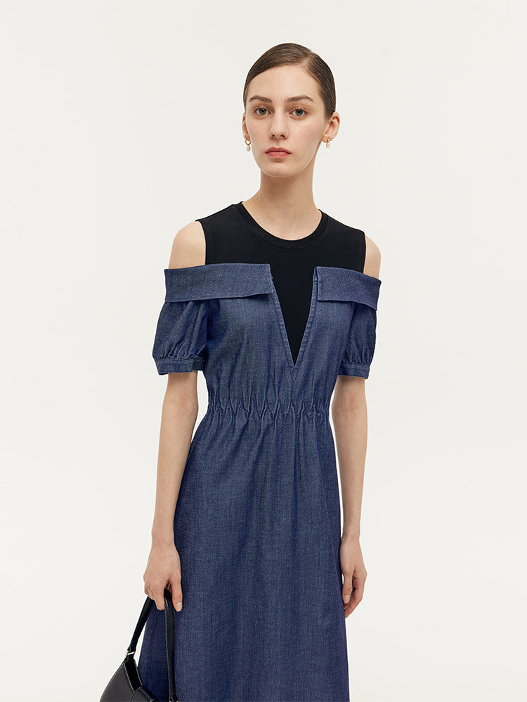 Denim Lyocell Cold Shoulder Patchwork Women Midi Dress