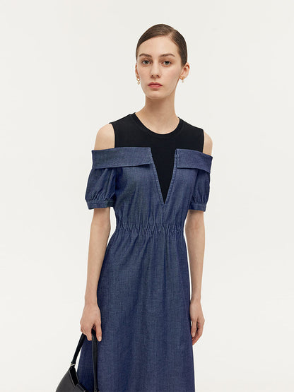 Denim Lyocell Cold Shoulder Patchwork Women Midi Dress