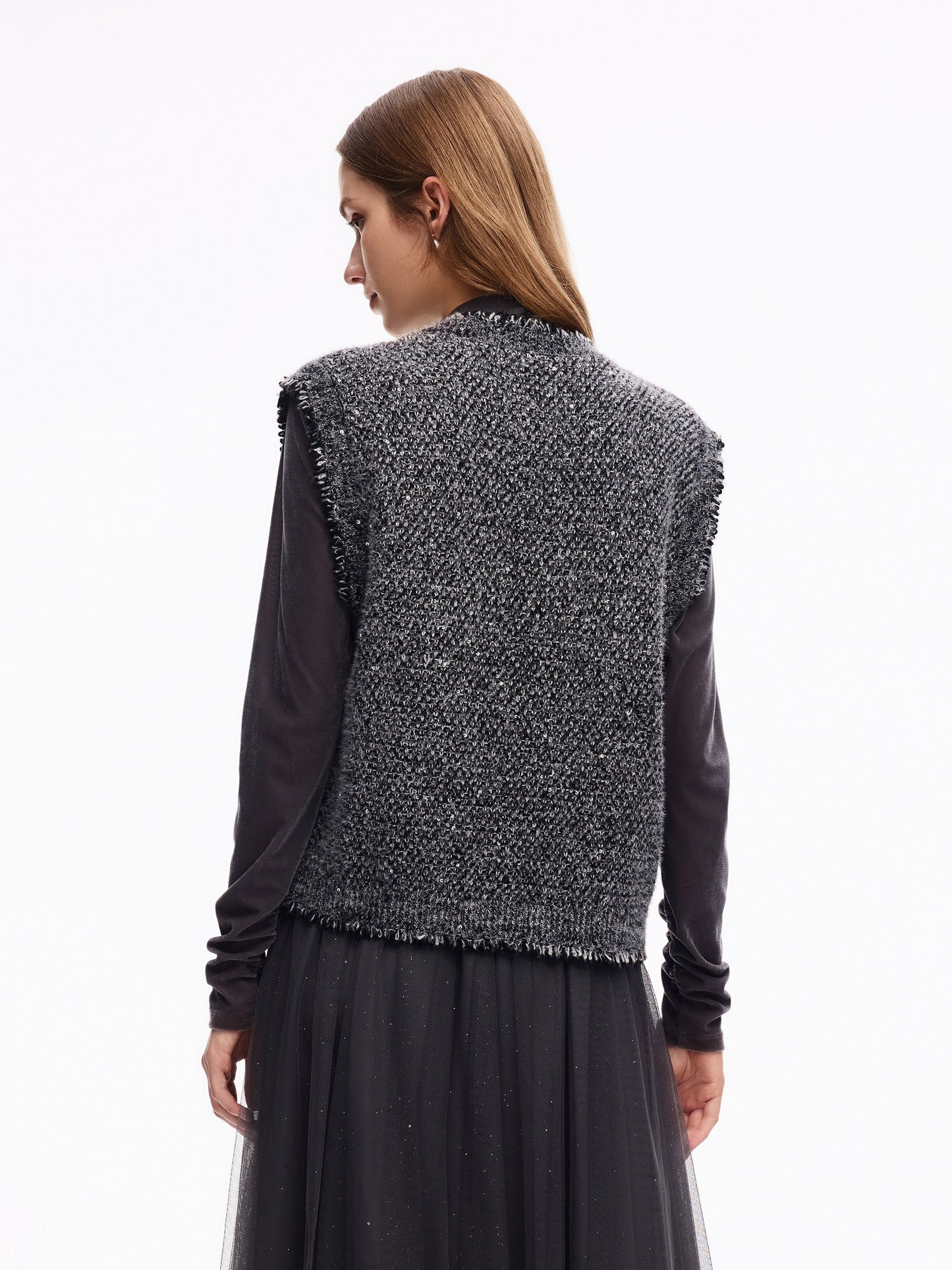 Frayed Trim Sequins Women Vest