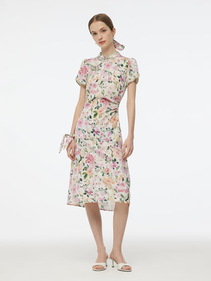 19MM Mulberry Silk Floral Print Side Twist Women Qipao Midi Dress