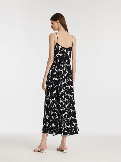 19 Momme Mulberry Silk Iris Print Women Maxi Spaghetti Strap Dress With Scrunchie