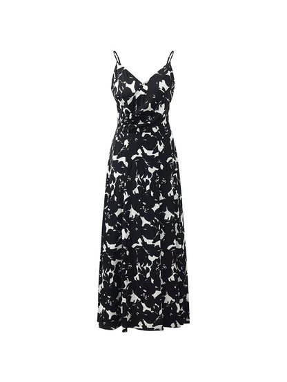 19 Momme Mulberry Silk Iris Print Women Maxi Spaghetti Strap Dress With Scrunchie