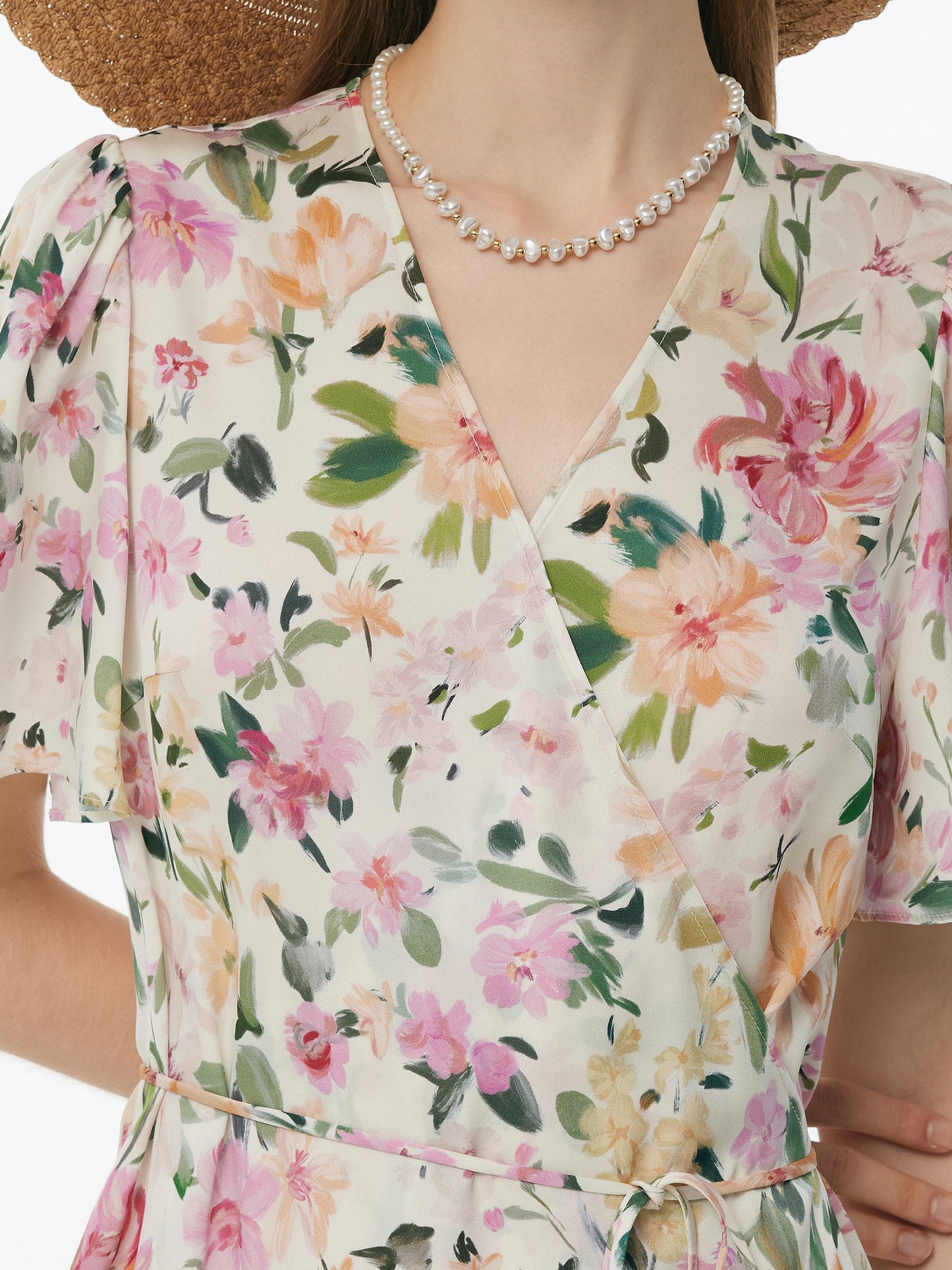 19MM Mulberry Silk Floral Print V-Neck Women Wrap Midi Dress