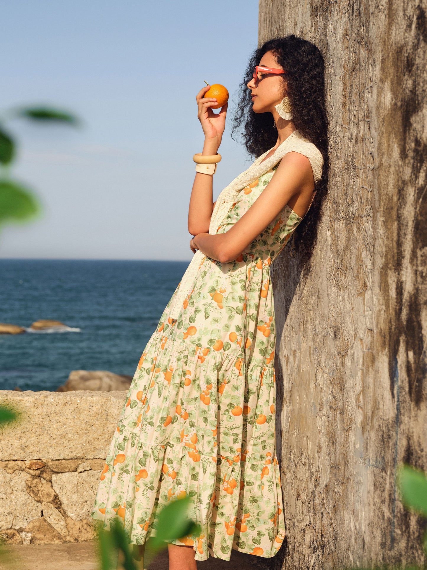 Cotton Floral Print Strap Maxi Dress And Openwork Cardigan Two-Piece Set