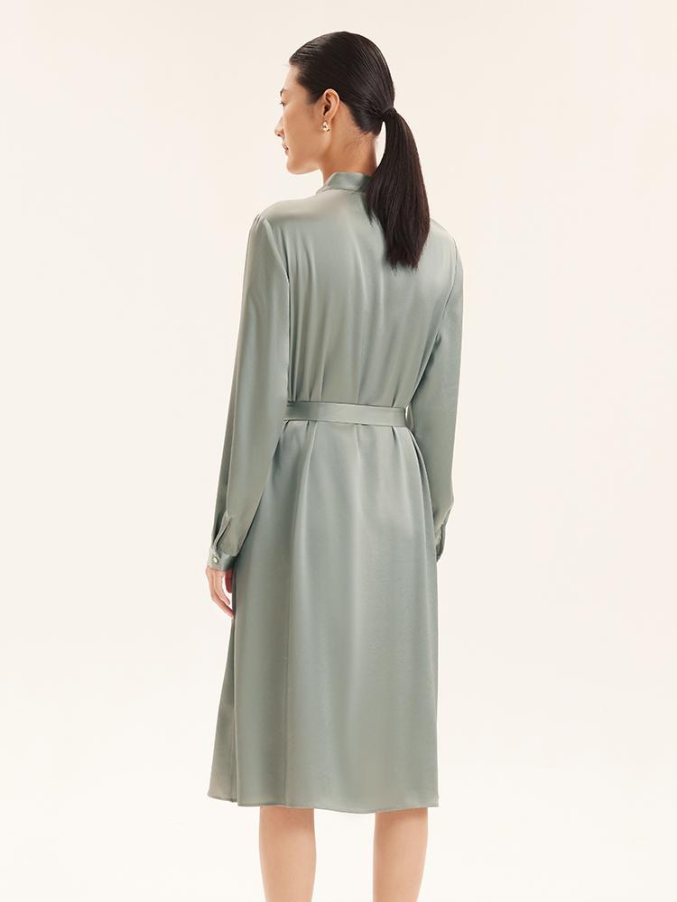 Triacetate Long-Sleeve Slim Midi Collared Dress
