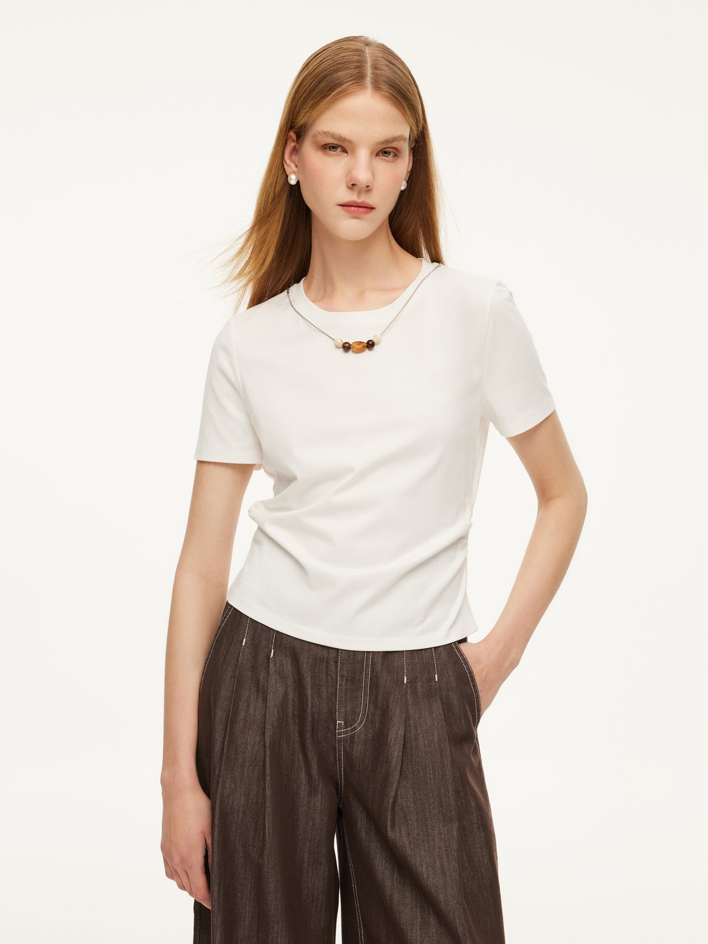 Cotton Side Twist Women T-Shirt With Detachable Beaded Chain