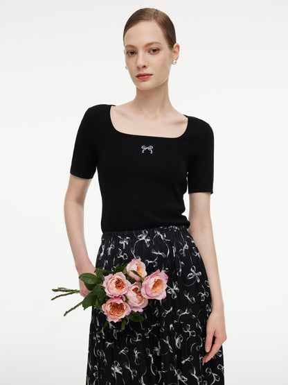 Lyocell Blend Bowknot Embroidered Women Square Neck Knit Top