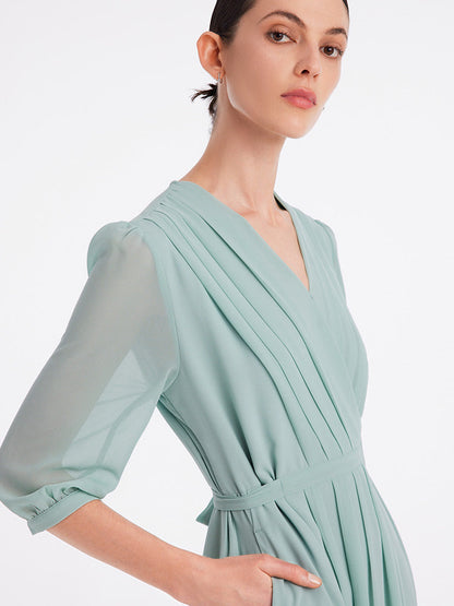 V-Neck Pleated Lace Up Wrap Midi Dress