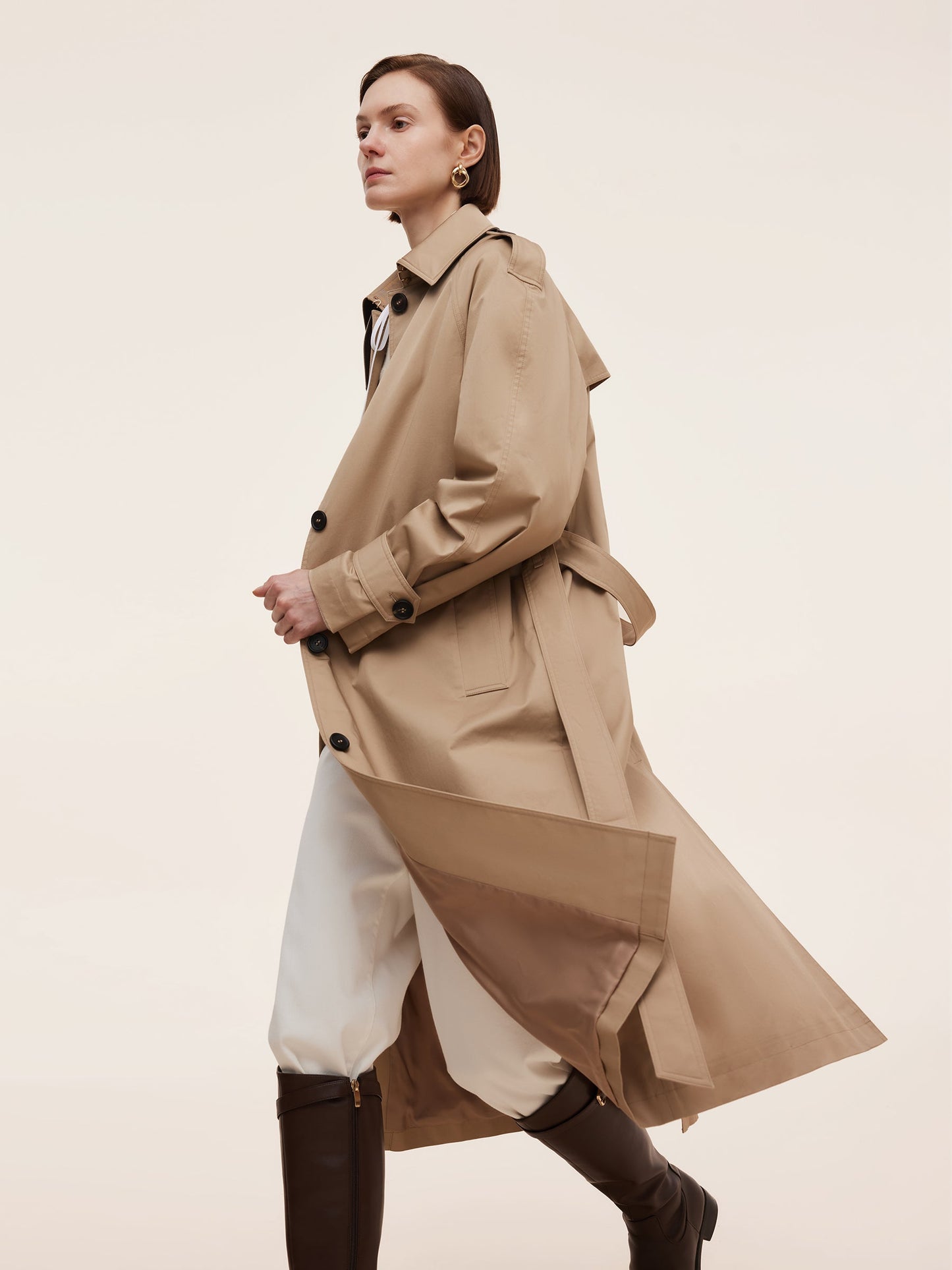 Cotton Self-Tie Belt Women Long Trench Coat