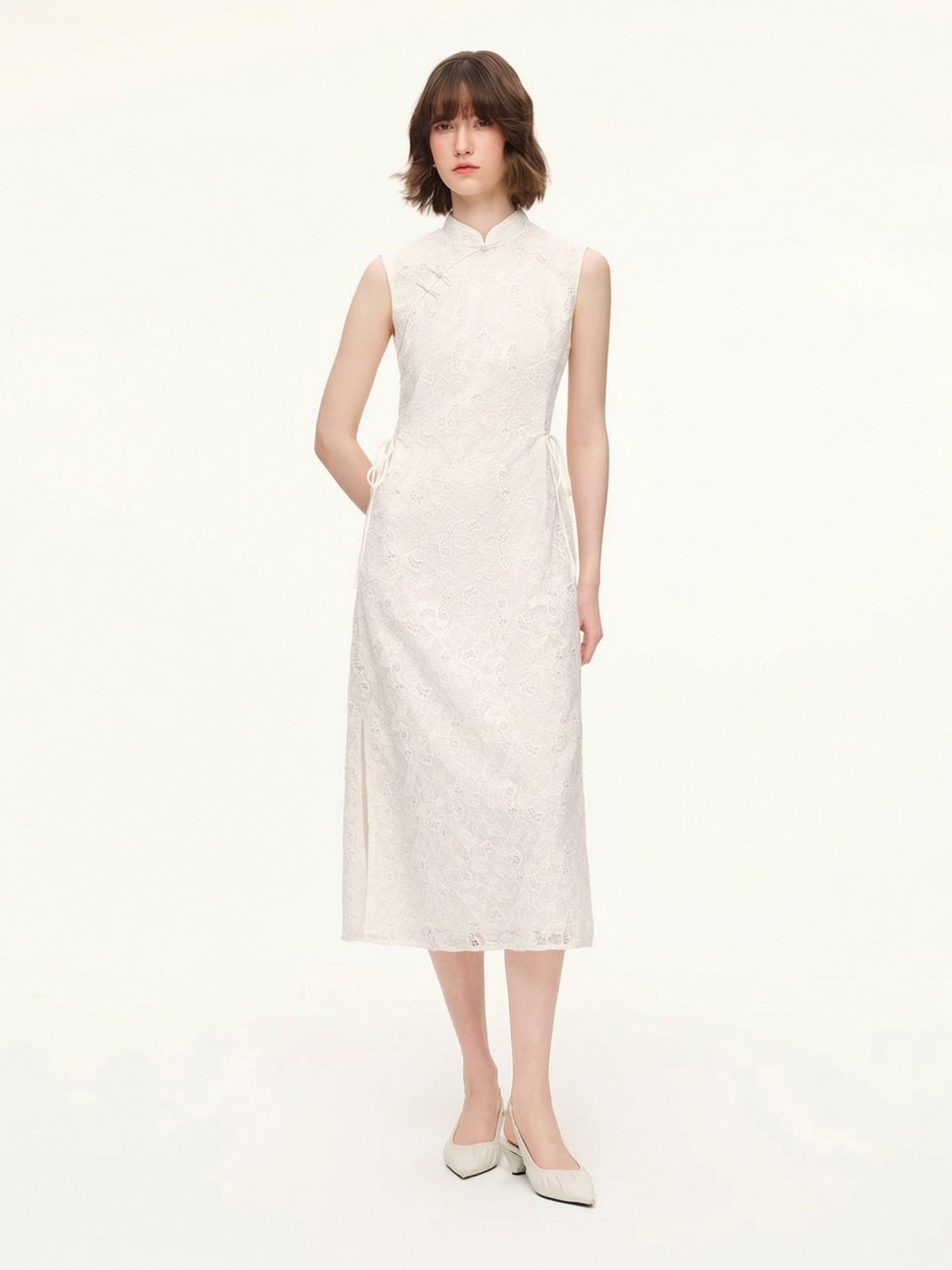 Lace Sequins Adjustable Drawstring Waist Women Qipao Midi Dress