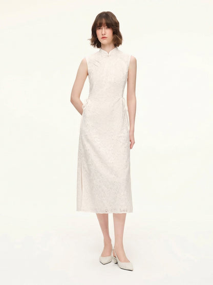 Lace Sequins Adjustable Drawstring Waist Women Qipao Midi Dress