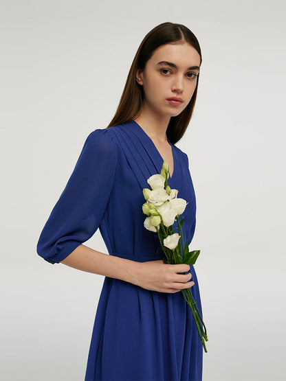 V-Neck Pleated Lace Up Wrap Midi Dress