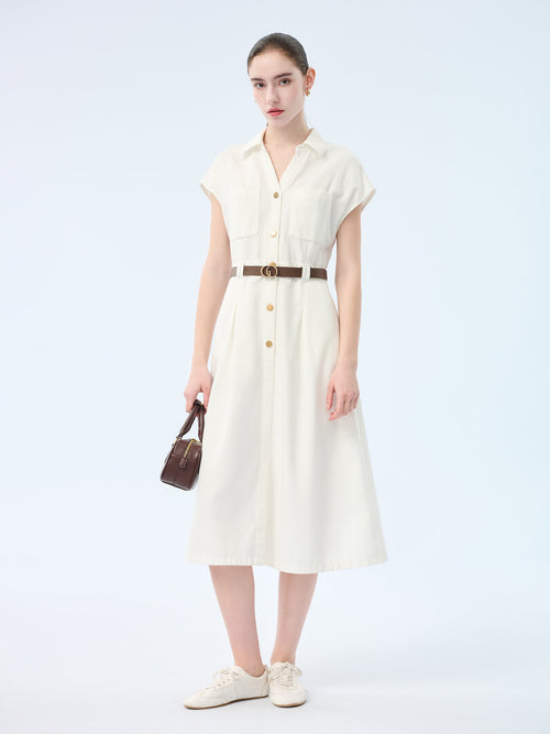 Lyocell Cotton Blend Denim Women V-Neck Maxi Shirt Dress With Belt