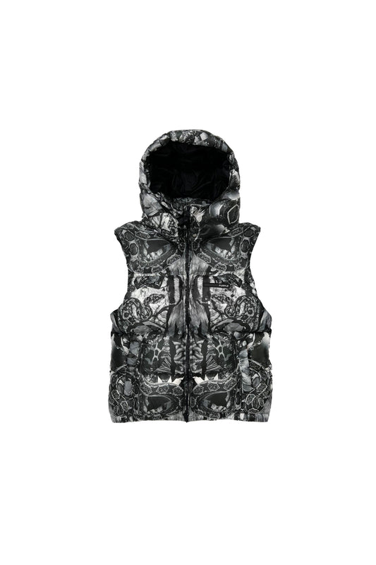 P623 POLY SNAP OFF HOOD PUFFER VEST - Black Multi